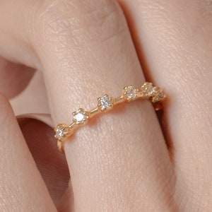 Seven Stone Diamond Wedding Ring, 14K Solid Gold Diamond Stacking Ring, Prong Setting Diamond Wedding Band