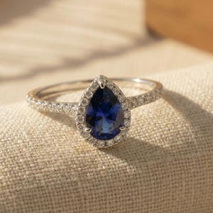 Anillo de compromiso con zafiro azul en forma de pera, oro macizo de 14 quilates con piedra natal de septiembre, anillo clásico con halo, regalo de aniversario para mujer.