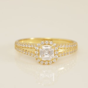 Double Halo Split Shank Engagement Ring, 0.39 CT Asscher Cut Diamond Wedding Ring, Bridal Promise Ring for Women, Anniversary Ring