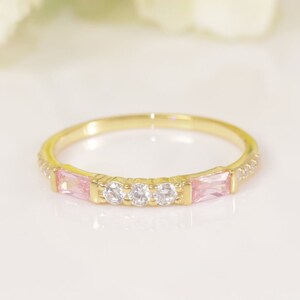Diamond Wedding Ring, 14k Solid Gold Baguette Pink Sapphire Unique Birthstone Band, Stackable Diamond Ring Gift for Her