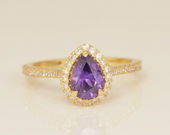 1.25 CT Diamond Halo Amethyst Engagement Ring, February Birthstone Ring, Pear Shape Amethyst Wedding Ring, Unique Promise Ring