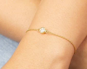 Diamond Solitaire Bracelets, Solitaire Bezel Set Bracelets, Layering Bracelets, Minimalist Bracelets Gift for Women