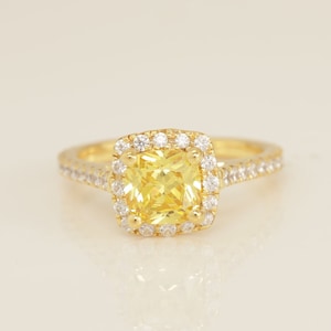 1.25 CT Yellow Sapphire Engagement Ring, Diamond Halo Yellow Sapphire Anniversary Ring, September Birthstone Ring, Bridal Ring