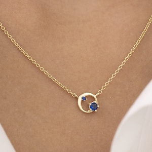 Blue Sapphire Circle Necklace, September Birthstone Gift, Open Circle Karma Necklace, Circle Necklace, Layering Necklace, Valentinus&#39;s  Gift