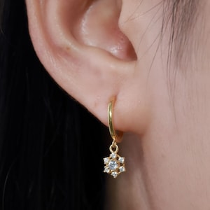Snowflake Hoop Earrings, Dainty Diamond Hoop Earrings, Snowflake Earrings Gift for Her, Christmas Gift