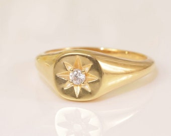 Anillo de sello de diamantes, anillo de sello de diamantes con ajuste de estrella de oro sólido de 14K, anillo de sello meñique, regalo de anillo de sello de oro para ella