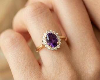 Amethyst Engagement Ring Travel Ring Vintage Art Deco Style February Birthstone Proposal Jewelry Gift For Her