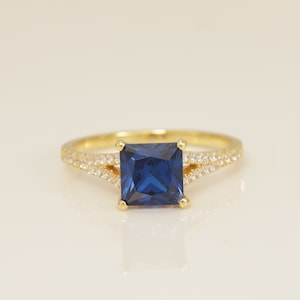 Split Shank Blue Sapphire Engagement Ring, Princess Cut Blue Sapphire Wedding Ring, September Birthstone Ring, Bridal Promise Ring