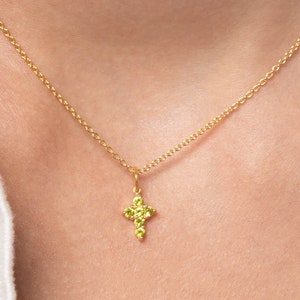 Peridot Necklace / Tiny Cross Pendant for Women / August Birthstone Necklace / Religious Necklace Gift