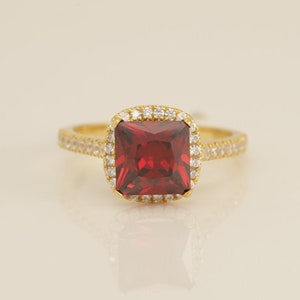 Garnet Engagement Ring, Diamond Halo Garnet Ring, January Birthstone Rings, Anniversary Gift for Her