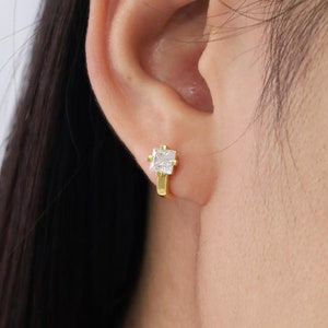 Princess Cut Diamond Hoop Earrings, Dainty Princess Cut Diamond Hoops, Dainty and Elegant Jewelry for Women, Everyday Earrings