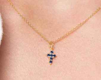 Blue Sapphire Necklace / Tiny Cross Pendant for Women / September Birthstone Necklace / Religious Necklace Gift