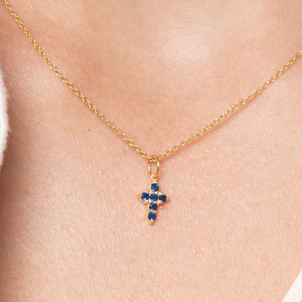 Blue Sapphire Necklace / Tiny Cross Pendant for Women / September Birthstone Necklace / Religious Necklace Gift