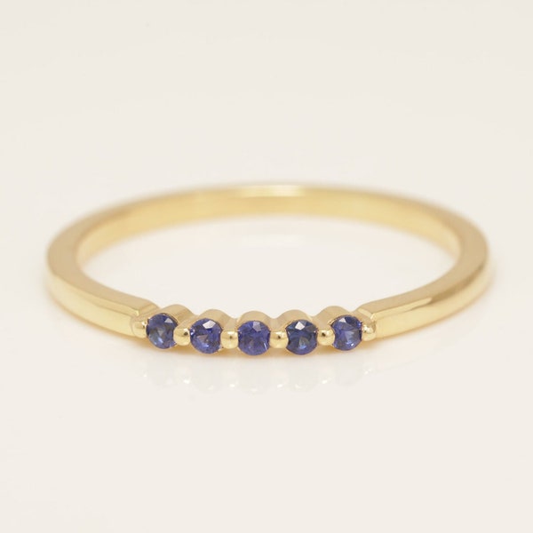 Five Stones Blue Sapphire Ring, 1.5mm Single Prong Minimalist Ring, September Birthstone Ring, Dainty Stacking Ring