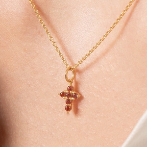 Garnet Necklace / Tiny Cross Pendant for Women / January Birthstone Necklace / Religious Necklace Gift