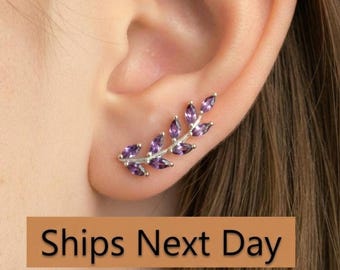 Amethyst Earring Climber / Ear Crawlers Earrings / Marquise Ear Climber Earrings / Bridesmaid Gift / February Birthstones / In Stock