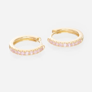 Pink Sapphires Hoop Earrings, September Birthstone, Huggies Hoop Earrings, Minimal Hoop Earrings