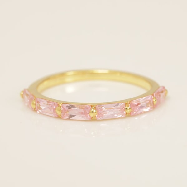 Baguette Pink Sapphire Wedding Ring, September Birthstone Ring, Half Eternity Sapphire Ring, Promise Ring, Vintage Wedding Band