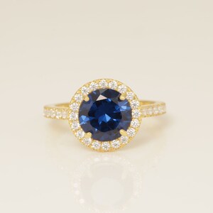 Diamond Halo Blue Sapphire Engagement Ring, September Birthstone Ring, Bridal Promise Ring Gift for Her, Anniversary Ring