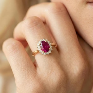 Ruby Engagement Ring Travel Ring Oval Halo Promise Ring For Her July Birthstone Jewelry