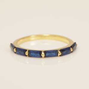 Baguette Blue Sapphire Wedding Ring, September Birthstone Ring, Half Eternity Sapphire Ring, Promise Ring, Vintage Wedding Band