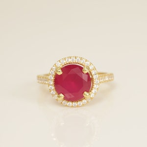Diamond Halo Ruby Engagement Ring, July Birthstone Ring, Bridal Promise Ring, Anniversary Ring Gift for Her