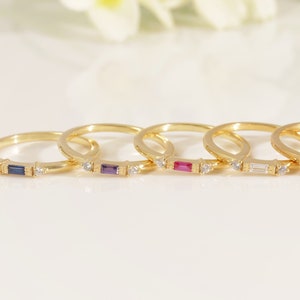 Baguette Birthstone Ring, 14K Solid Gold Birthstone Stacking Ring, Minimalist Diamond Ring Gift for Women, Baguette Stackable Band