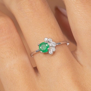 Emerald Engagement Ring, May Birthstone Ring, Fancy Ring Gift for Her, Bezel Set Cluster Ring, Anniversary Ring Gift for Her