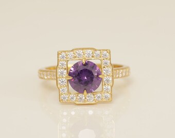 Diamond Halo Amethyst Engagement Ring, February Birthstone Ring, Bridal Promise Ring for Women, Anniversary Ring