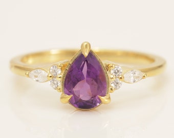 0.75 CT Pear Shaped Amethyst Engagement Ring, Vintage Engagement Ring, February Birthstone Gift, Bridal Wedding Ring, Anniversary Ring