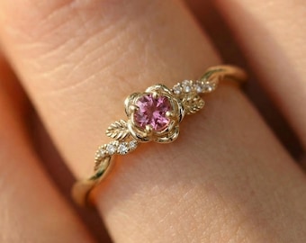 Flower Pink Tourmaline Solid Gold Engagement Ring, Floral Twist Promise Ring for Women, Nature Inspired Leaf Wedding Ring