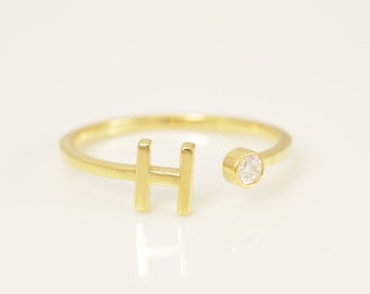 Personalized H Initial Rings, Open Cuff Ring, Dainty Initial Ring, Letter Name Ring, Gold Letter Ring, Stackable Letter Ring