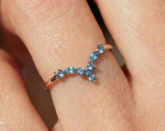 Delicate Blue Topaz Chevron Wedding Band | 14K Gold Stackable V Ring | Marquise & Round Gemstone Anniversary Gift for Her