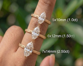 Violet & Primrose Floral Engraved Solitaire Ring | Marquise Moissanite Engagement Ring | Vintage Inspired February Birth Flower Band