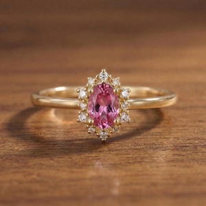 Oval Pink Tourmaline Engagement Ring, Vintage Cluster Halo Promise Ring, Custom Gemstone Wedding Jewelry, October Birthstone