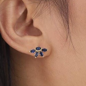 Blue Sapphire Stud Earrings, Marquise Stud Earrings, September Birthstones Earrings, Bridesmaid Gift for Her, Wedding Jewelry