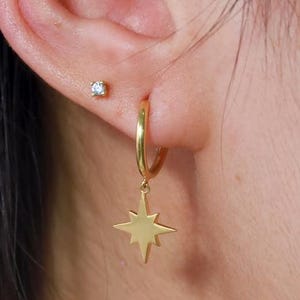 North Star Dangle Hoop Earrings, Sterling Silver Drop Earrings, Star Burst Hoop Earrings, Dainty Earrings Gift for Her