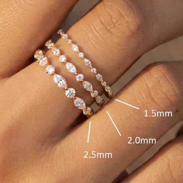 Art deco moissaniet trouwring, stapelbare trouwring halve eeuwigheid, 18 kt gouden bijpassende band, cadeau voor haar