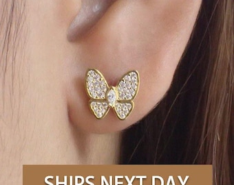 Butterfly Stud Earrings / Diamonds Butterfly Earrings / Minimalist Earrings / Bridesmaid Gift / In Stock