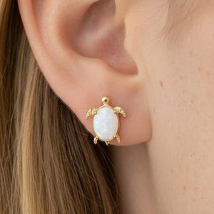 Turtle Opal Stud Earrings, October Birthstone Gift, Cute Sea Turtle Jewelry for Women, Gift for Sea Lover, Sea Theme Jewelry