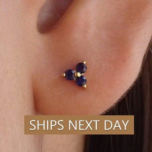 Blue Sapphire Earrings / Trio Stud Earrings / September Birthstone Gift / Three Stone Earrings / Minimalist Earrings / In Stock