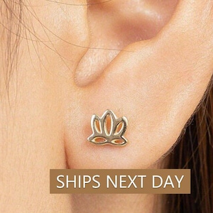 Lotus Stud Earrings, Sterling Silver Lotus Earrings, Lotus Cartilage Earrings, Minimalist Earrings for Women