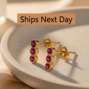 Ruby Earrings / Three Stone Stud Earrings / July Birthstone Gift / Minimalist Gemstone Earrings