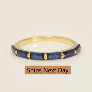 Baguette Blue Sapphire Wedding Ring, September Birthstone Ring, Half Eternity Sapphire Ring, Promise Ring, Vintage Wedding Band image 15