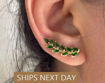 Pendientes trepadores de esmeralda / Pendientes marquesa / Pendientes trepadores / Regalo para dama de honor / Piedras de nacimiento de mayo / Regalo para San Valentín