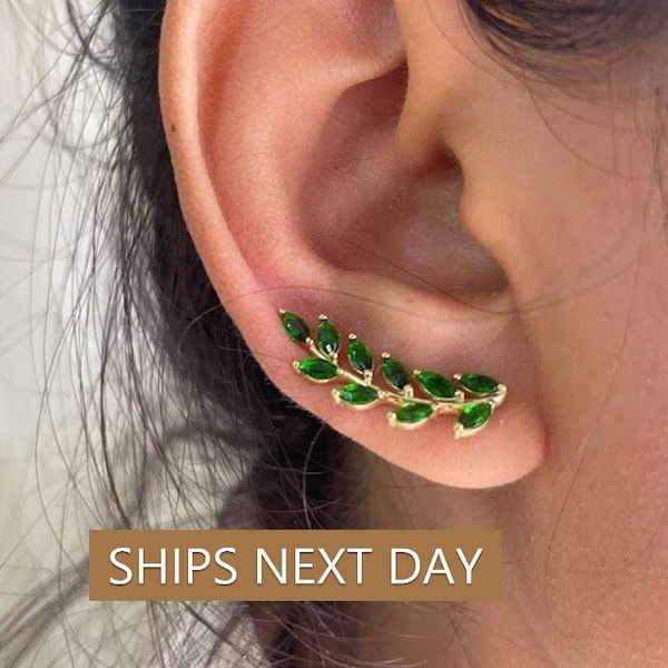 Emerald Earring Climber / Marquise Ear Crawlers Earrings / Ear Climber Earrings / Bridesmaid Gift / May Birthstones / Valentine's Day Gift