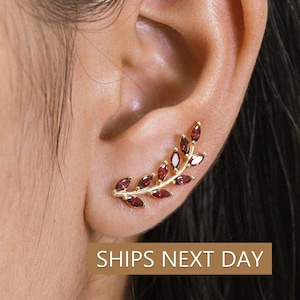 Garnet Earring Climber / Marquise Ear Crawlers Earring / Ear Climber Earring / Bridesmaid Gift / January Birthstones