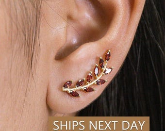 Garnet Earring Climber / Marquise Ear Crawlers Earring / Ear Climber Earring / Bridesmaid Gift / January Birthstones