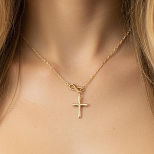 Infinity Kreuz Anhänger Halskette, 14K Solid Gold Lariat Halskette, Infinity Luck Halskette, Religiöse Halskette für Frauen