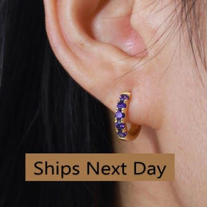 Five Stones Blue Sapphire Hoop Earring, September Birthstone Gifts, Huggie Hoops, Minimal Hoop Earring, In Stock